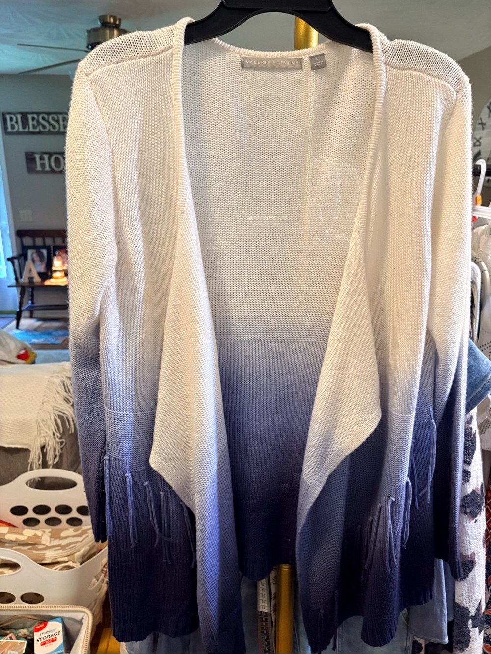 Valerie Stevens Cream to Navy Ombre Fringe Open-Front Cardigan
